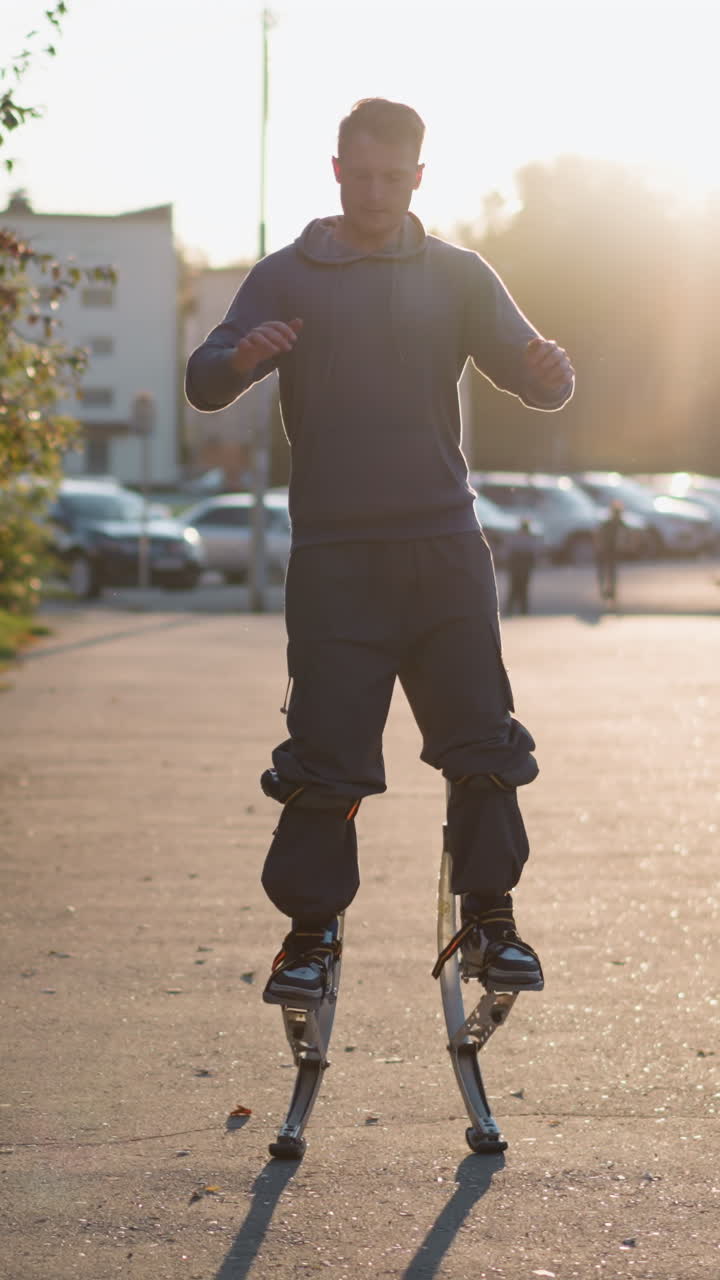 Chap jumping on stilts wearing gray hoodie and dark gray pants during sunset in residential area surrounded by houses, trees, and people, showcasing urban energy, balance, and dynamic motion
