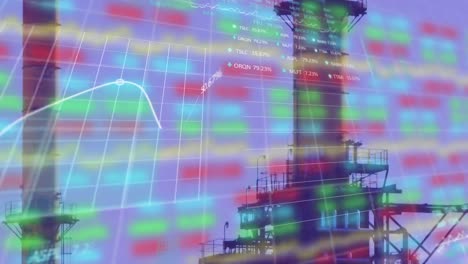 Animation-of-factory-over-stock-market-display-in-the-background