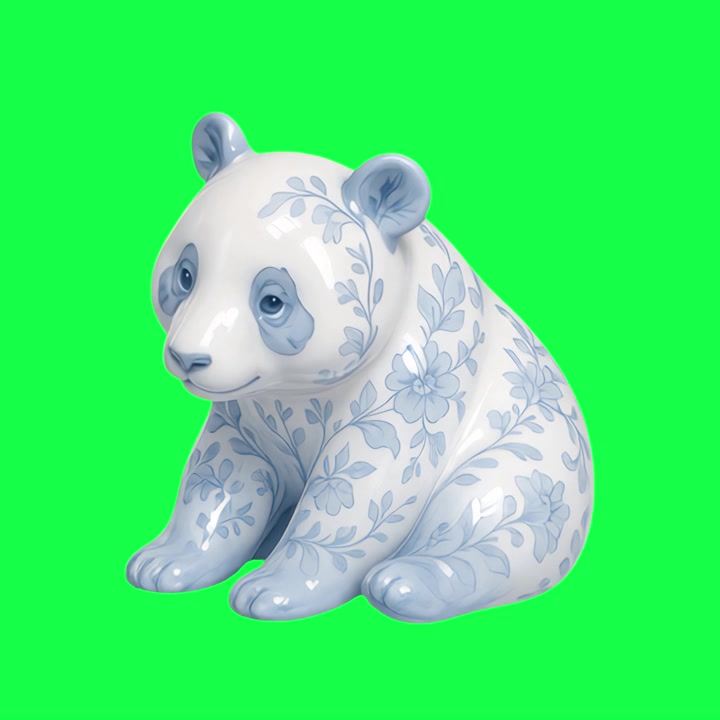 Statuetta di panda in ceramica con motivo floreale blu in rotazione su sfondo verde