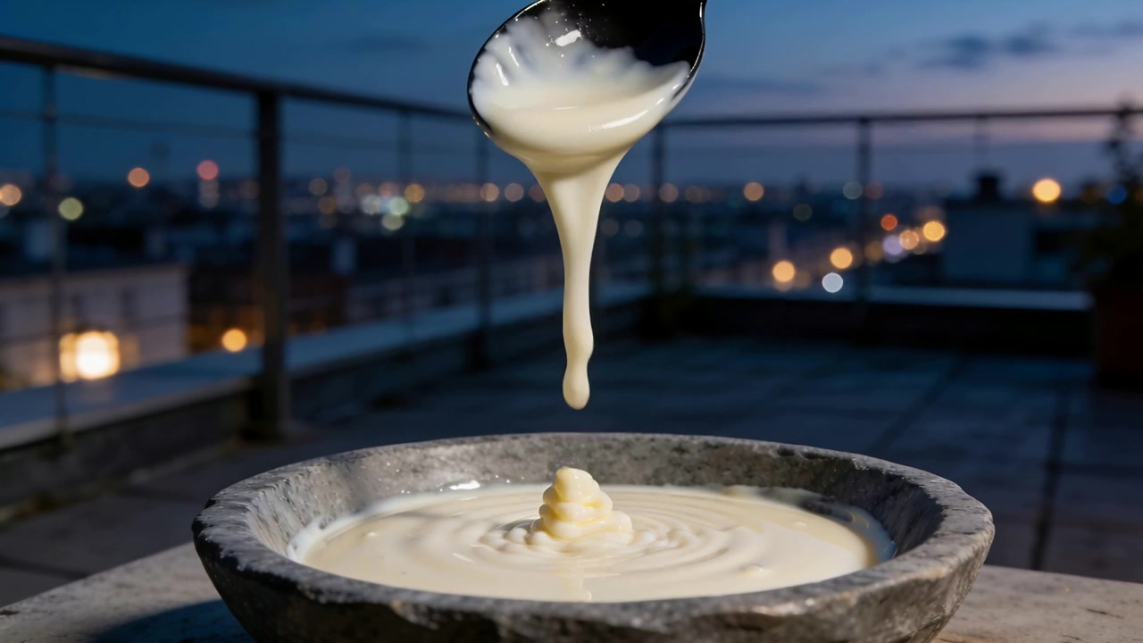 Lifting metal spoon pouring cream, forming stream feeding mound in stone bowl on rooftop at dusk