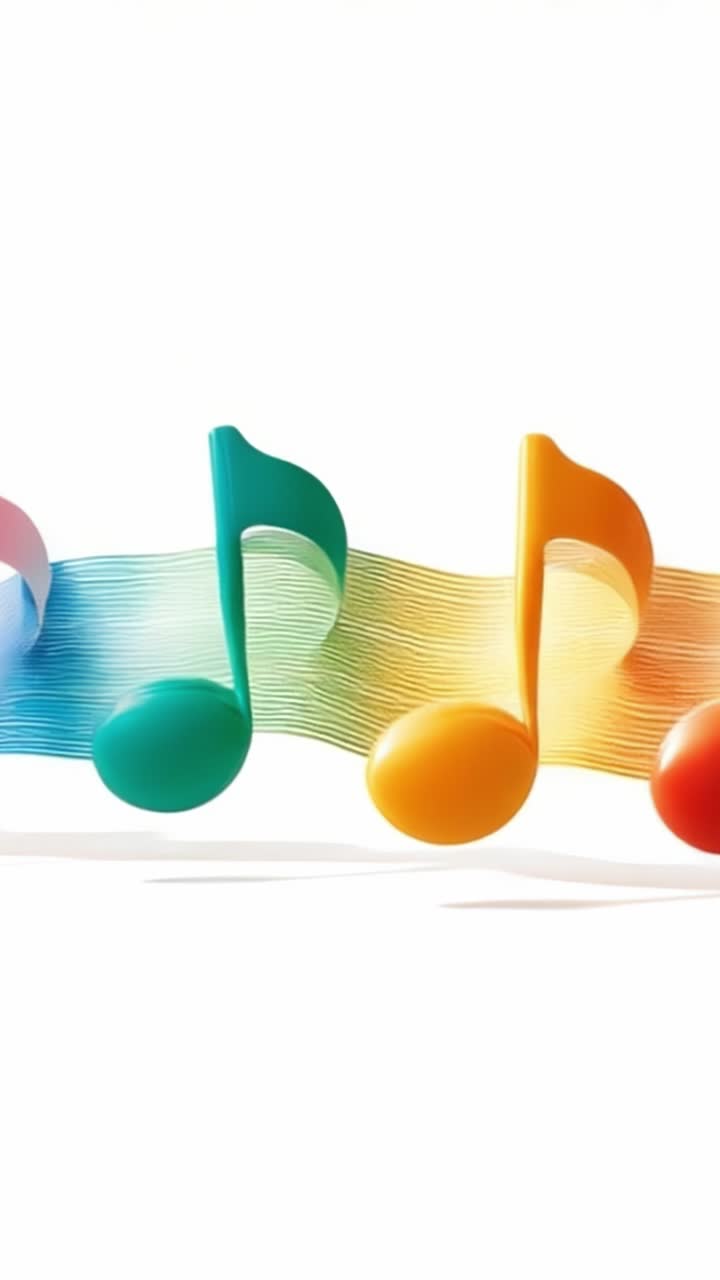 Barevné hudební noty plynoucí na pulzující vlně, symbolizující rytmus a harmonii melodií v kreativním a uměleckém ztvárnění hudby.