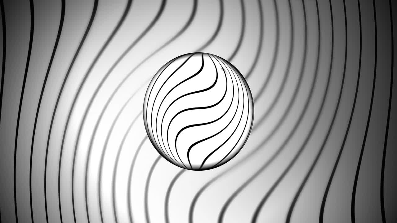 Abstract black and white wavy lines animation over sphere on striped background