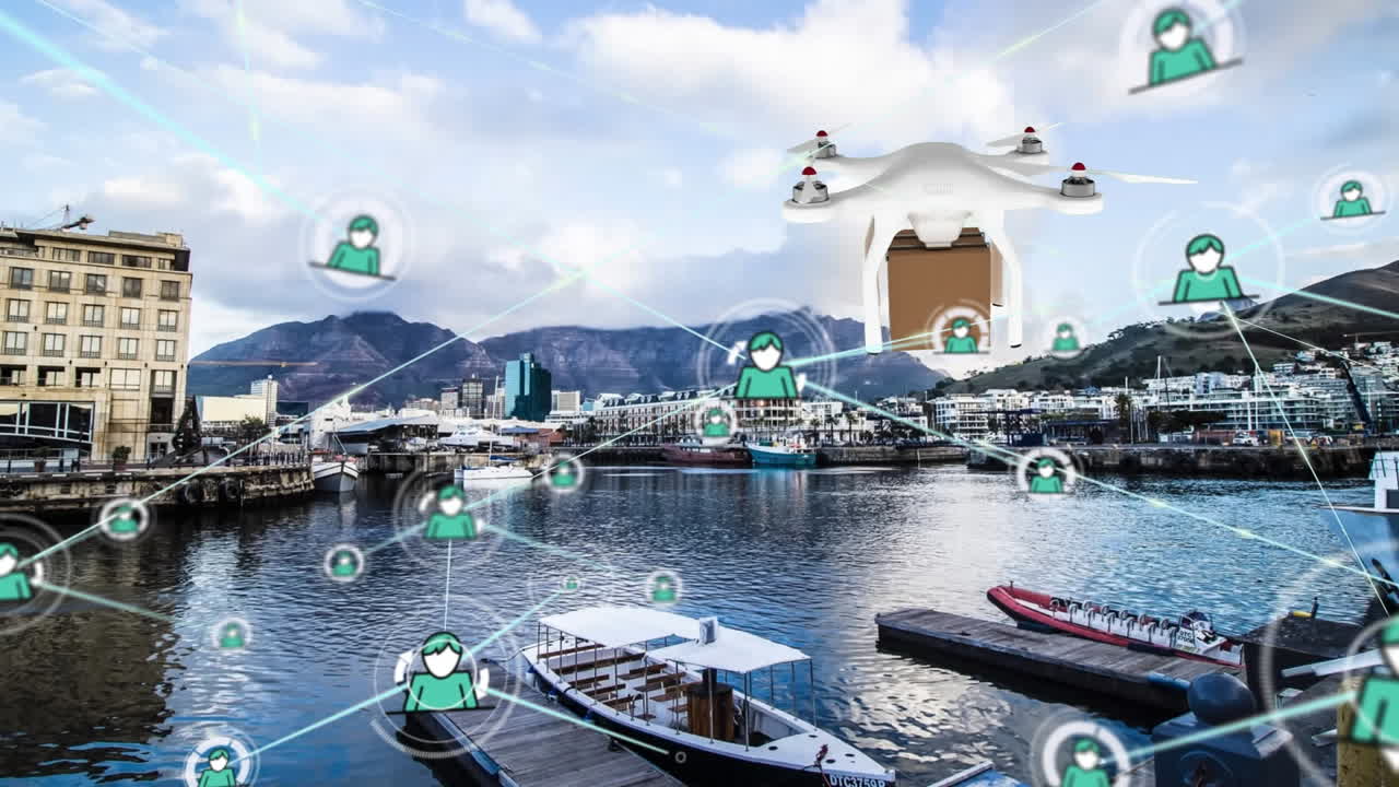 패키지와 함께 배달 드론을 통해 아이콘과 연결 네트워크의 애니메이션