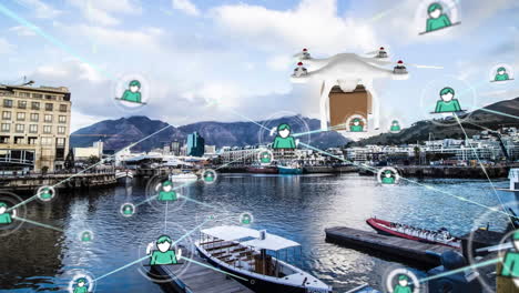 animation of network of connections with icons over delivery drone with parcel