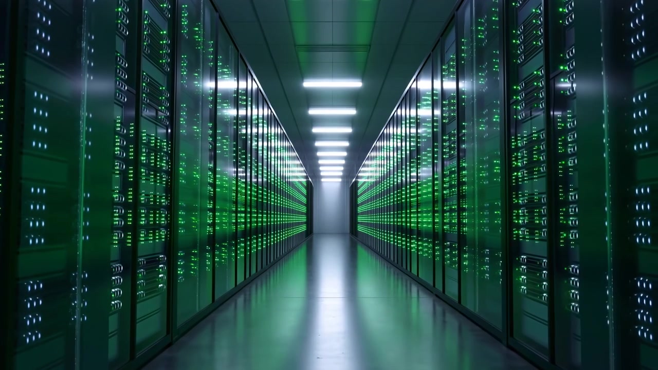 Symmetrical aisle inside a modern data center lined with tall server racks, bright overhead lights, green indicators, and a reflective floor fading into a