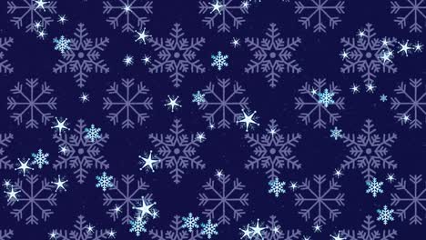 animation of christmas snow falling over snowflake blue background