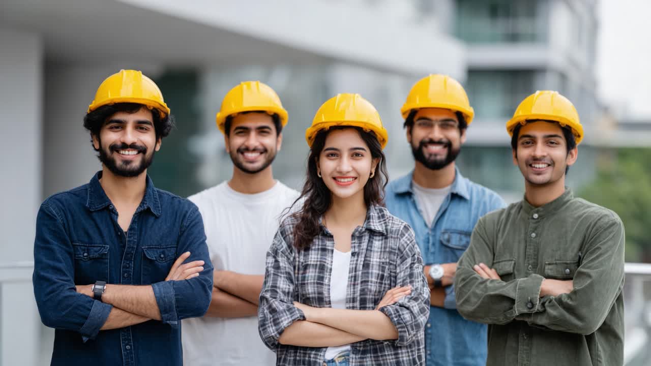 A group of five cheerful professionals standing together outdoors, all wearing yellow hard hats and smiling confidently, showcasing teamwork and collaboration in a construction or engineering environment