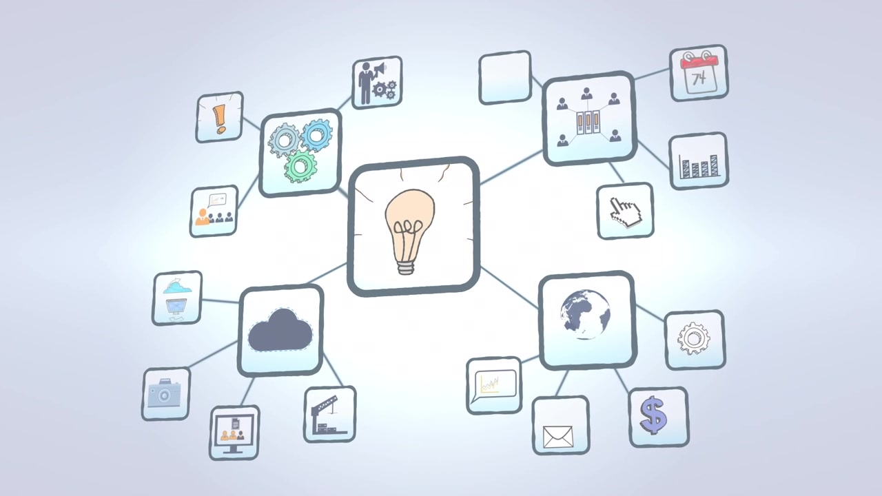 Animation of network of connections with icons over white background