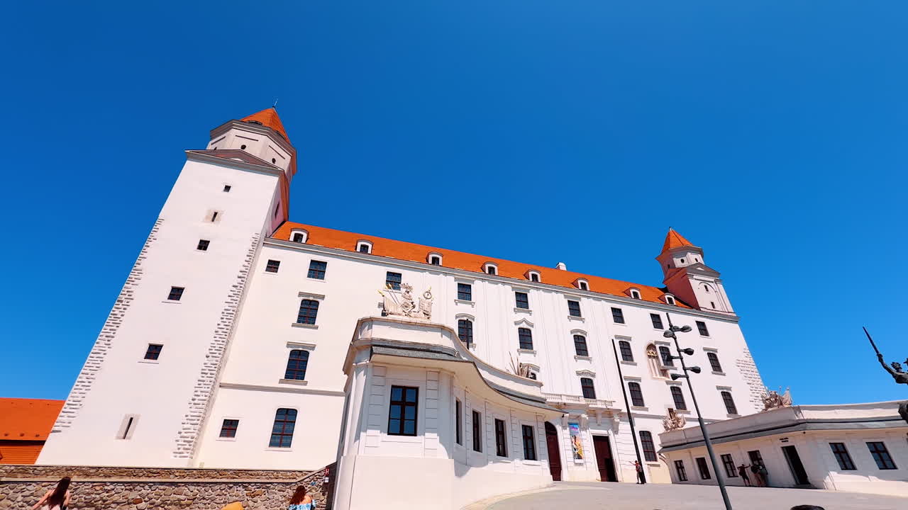 Outstanding Bratislava Castle in Slovakia from low angle view. Footage at the entrance façade of the historical building
