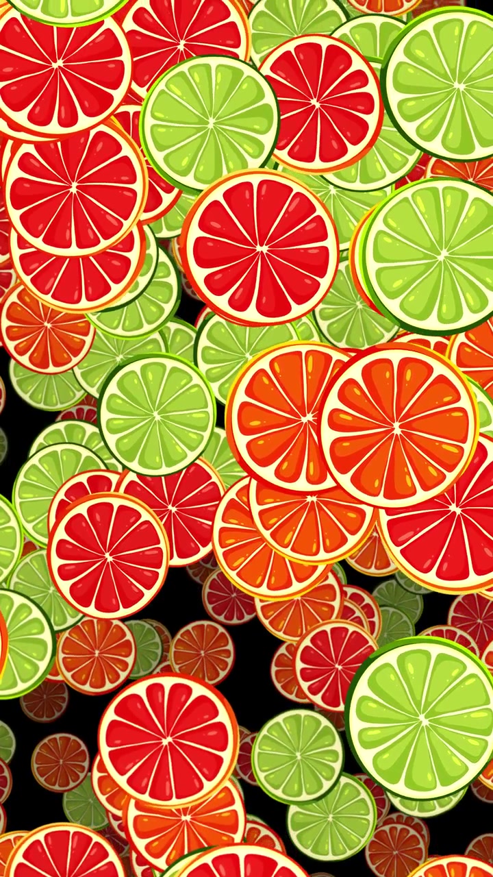 Fette di arancia, lime e pompelmo colorate in stile cartone animato cadono verticalmente su uno sfondo nero scuro