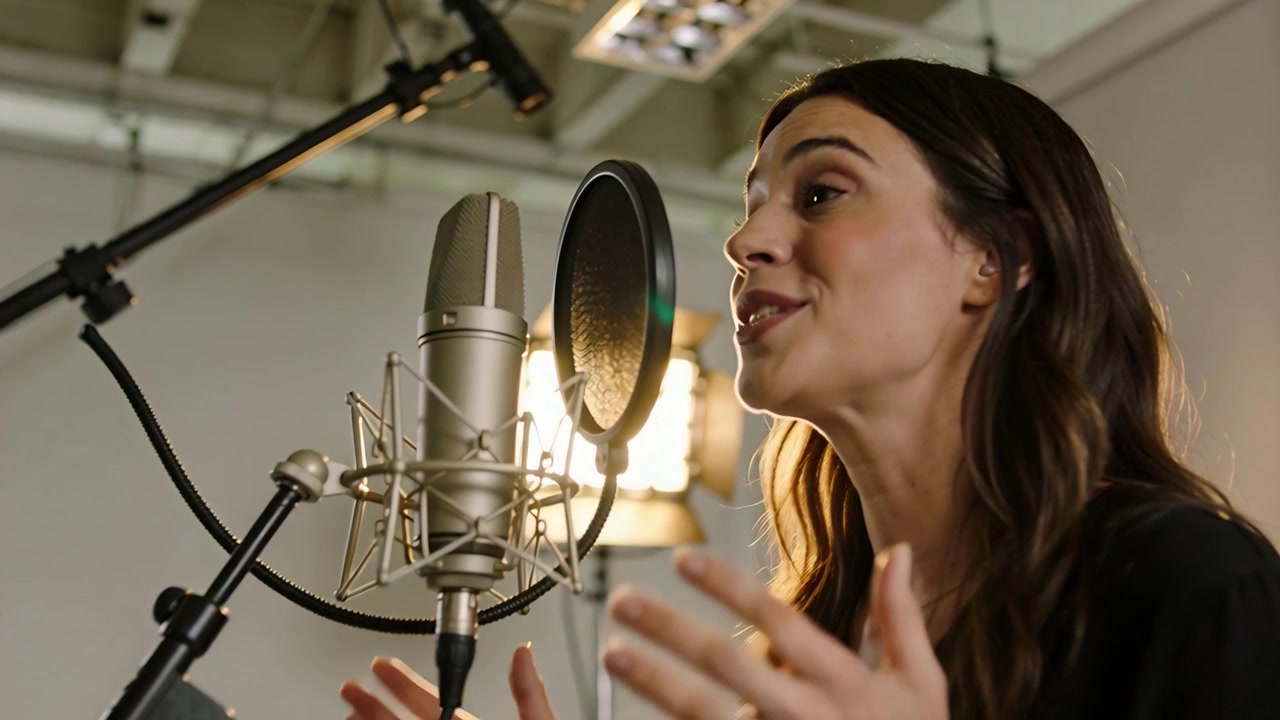 Inizio della registrazione, cantante che canta in un microfono a condensatore in studio, registrazione delle voci con filtro anti-pop.