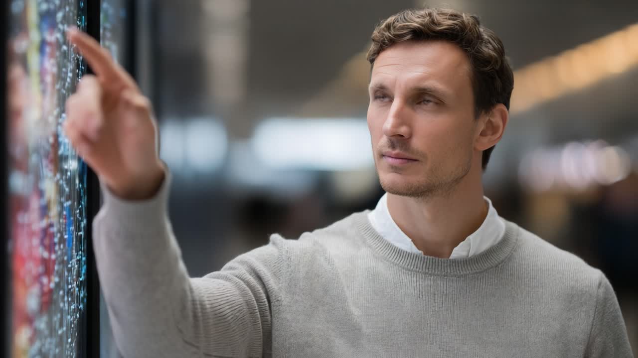 Engaging Interaction with Digital Display: A Thoughtful Individual Analyzing Information on a Screen in a Modern Environment