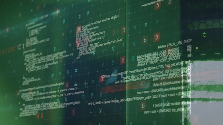 Animation of data processing and cyber attack warning over computer servers
