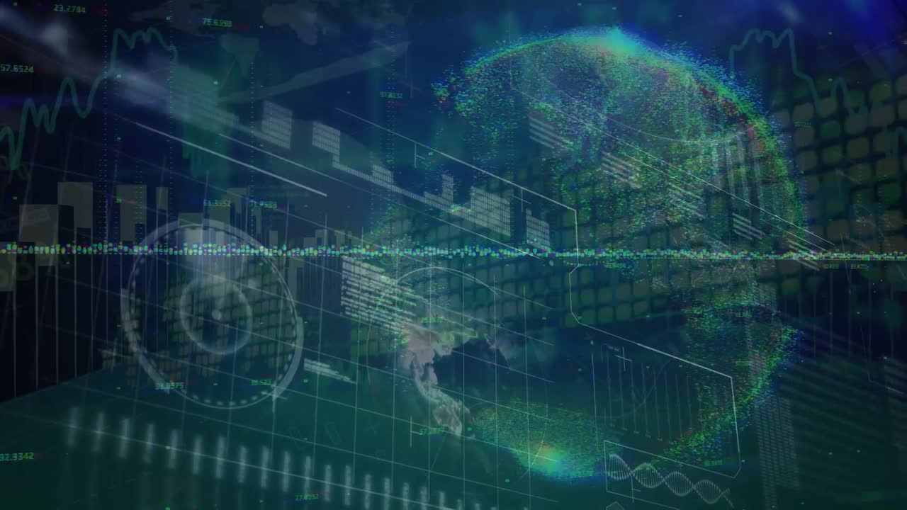 검은색 배경에 있는 데이터 처리 및 지구의 애니메이션