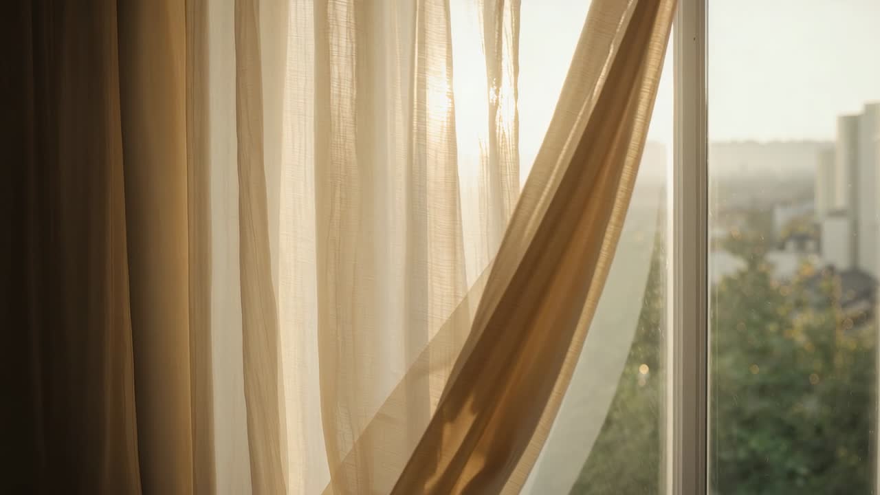 Tenda velata beige che ondeggia in casa per la brezza che entra da una finestra scorrevole, con le cime degli alberi illuminate dal sole.