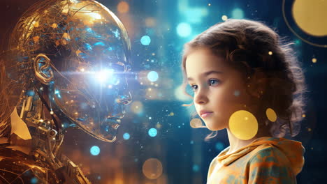 a girl is looking at a robot. the robot is made of metal and has a blue face