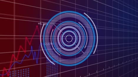 Animation-of-neon-round-scanner-and-statistical-data-processing-against-purple-gradient-background