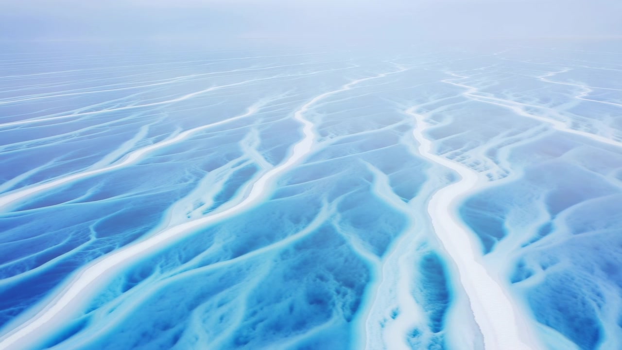広大な青い水面に、明るい白い枝分かれした筋、柔らかな波紋の質感、淡い地平線の霧、そして穏やかに流れる光が広がる、落ち着いた抽象的な海景のハイアングルビュー。水、海。