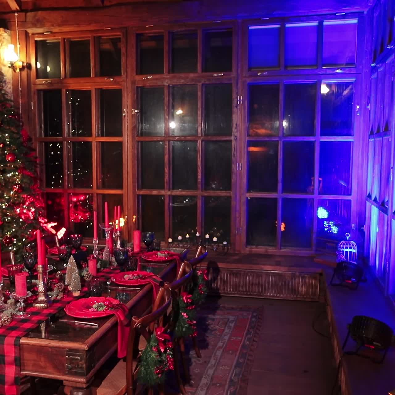 Amazing dining room decorated for Christmas eve dinner. Festive atmosphere in old-fashioned country manor