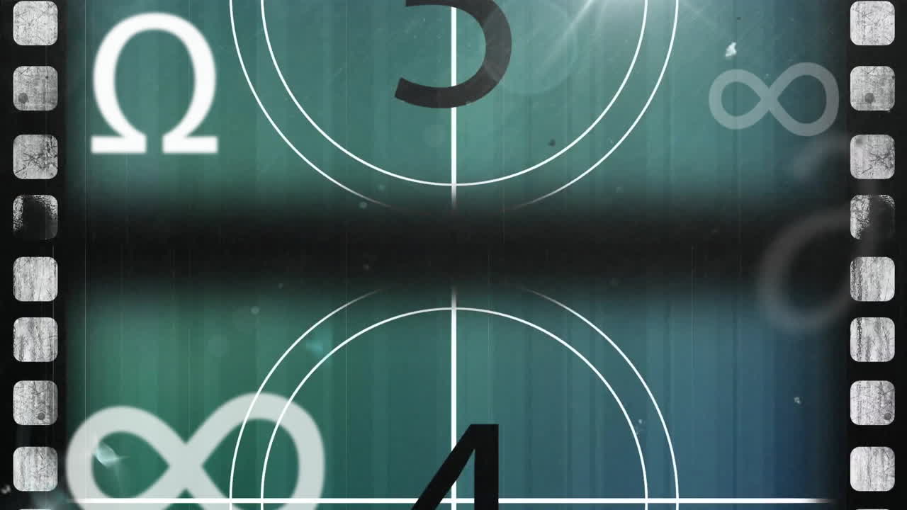 Film countdown animation with number five over vintage movie reel background