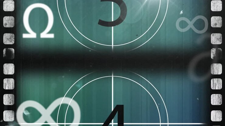 Film countdown animation with number five over vintage movie reel background