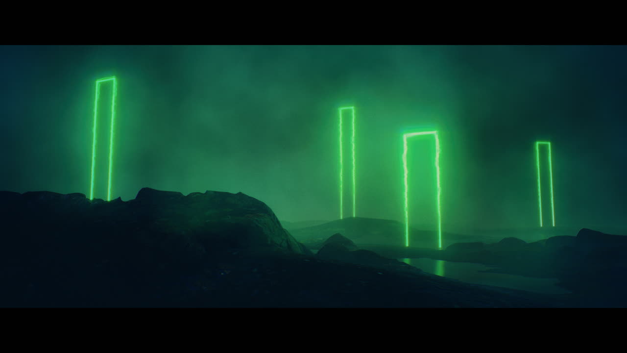Rocky landscape with huge green light portal structures