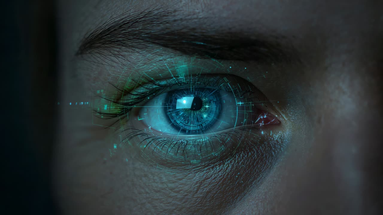 After blink opening right eye woman revealing cyan holographic HUD at lab closeup, scanning retina