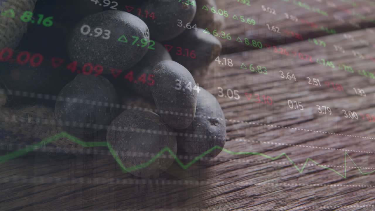 나무 테이블에 있는 과일의 클로즈업 위에 다채로운 거래 보드의 애니메이션