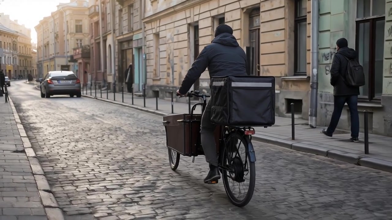 Delivery courier riding a cargo bicycle down a historic cobblestone street in the city