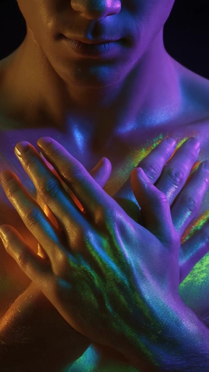 Mani incrociate sul petto con illuminazione al neon vibrante.