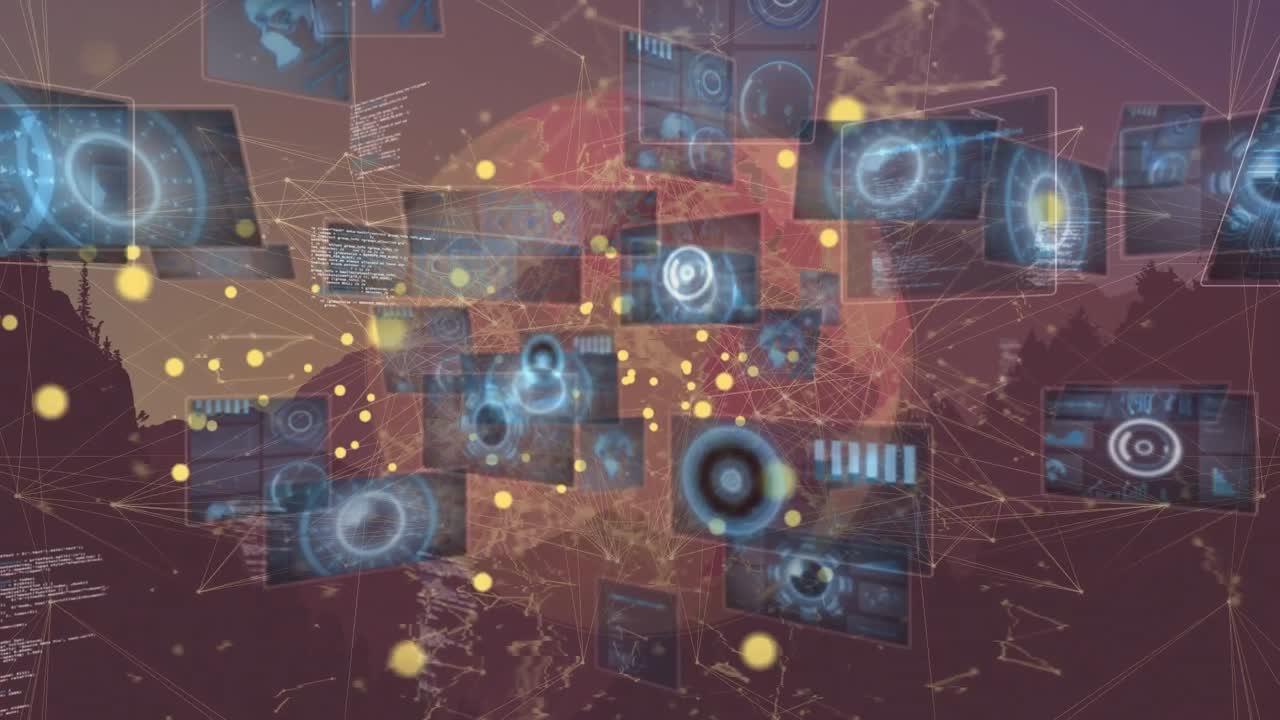 Animation of data processing over landscape and globe