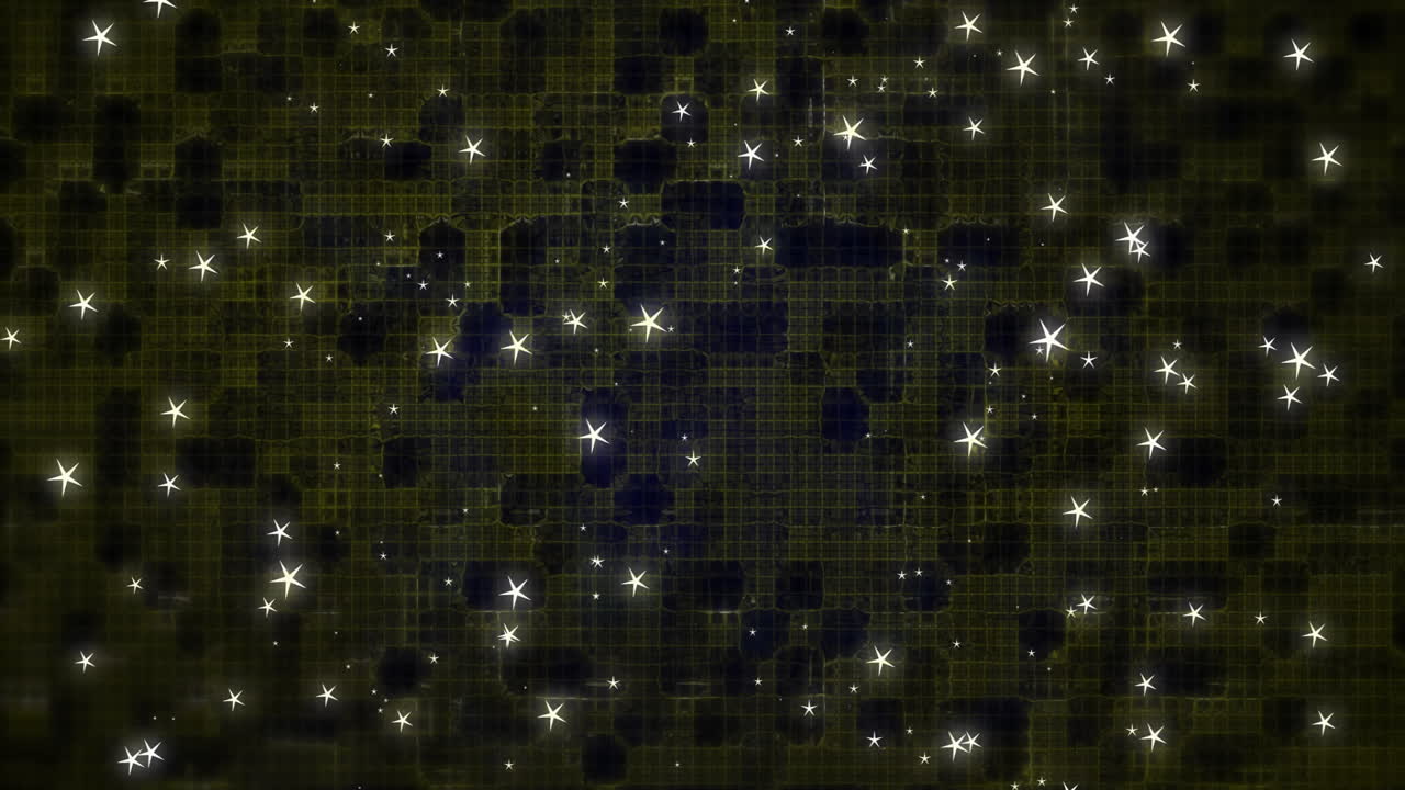Creating cosmic effect, glowing stars scattered over dark green grid pattern animation