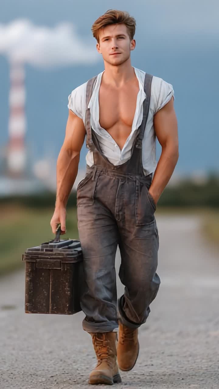 A young, muscular man confidently walks down a gravel path wearing light gray overalls and sturdy boots, carrying a toolbox in hand against a backdrop of industrial scenery