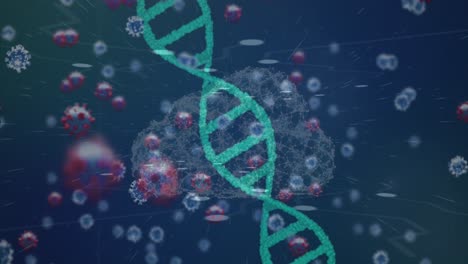 Animation-of-dna-with-cloud-against-coronavirus-on-digital-interface