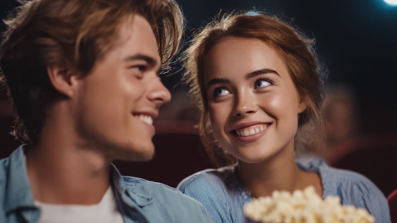 Captivating Moments: A Couple's Shared Joy at the Movies with Popcorn, Illuminated by the Warmth of Cinema Lights and Shared Laughter
