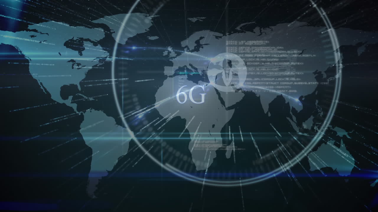 Animation of 6g text with people icons and information moving over world map on dark background