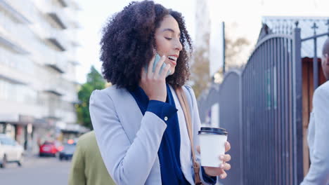 Coffee,-woman-and-phone-call-with-city-networking