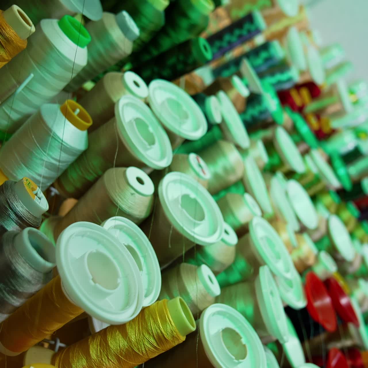 Spools of thread of different colors on the table. Collection of colorful threads for sewing industry. Background of many spools with cotton string
