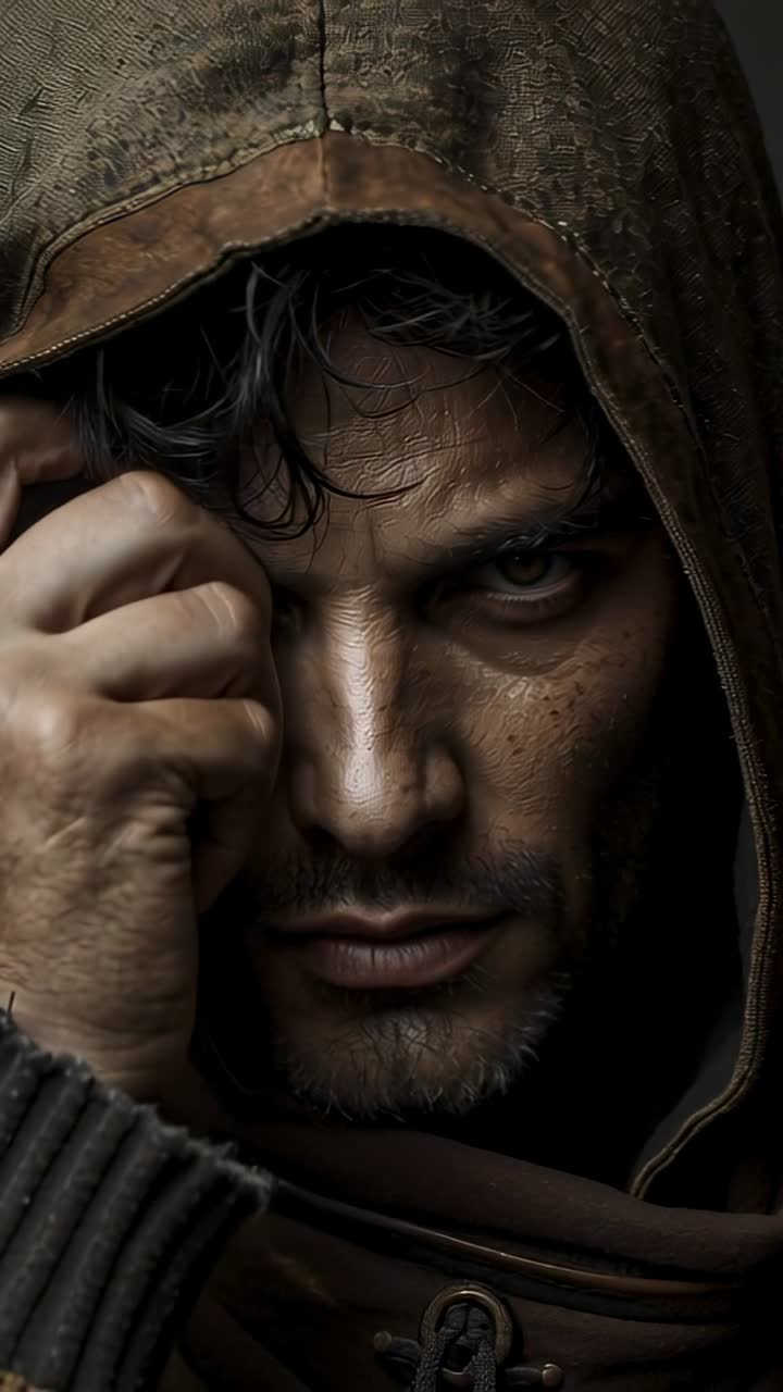Vertical video: Rising hand as man pulling brown hood close to face at dark studio for guarded gaze