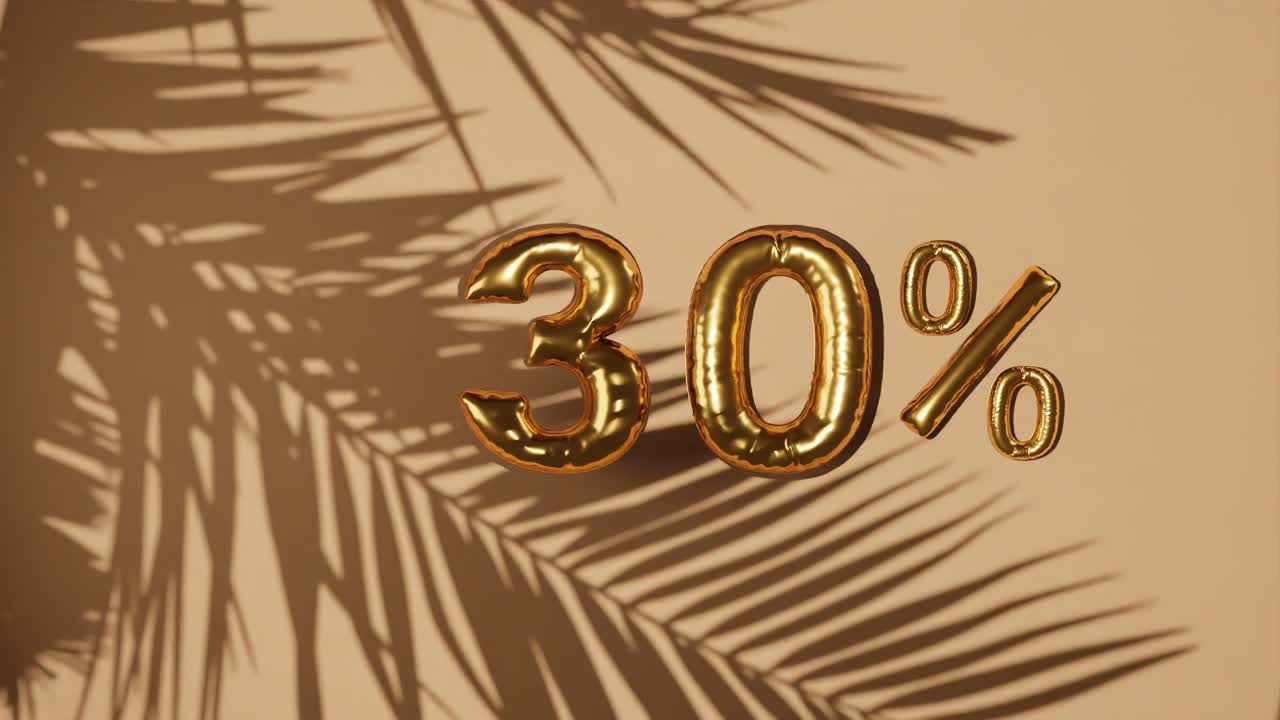 30% de descuento venta en fondo dorado con palma brisa suave, vacaciones verano venta concepto precio especial temporada de vacaciones