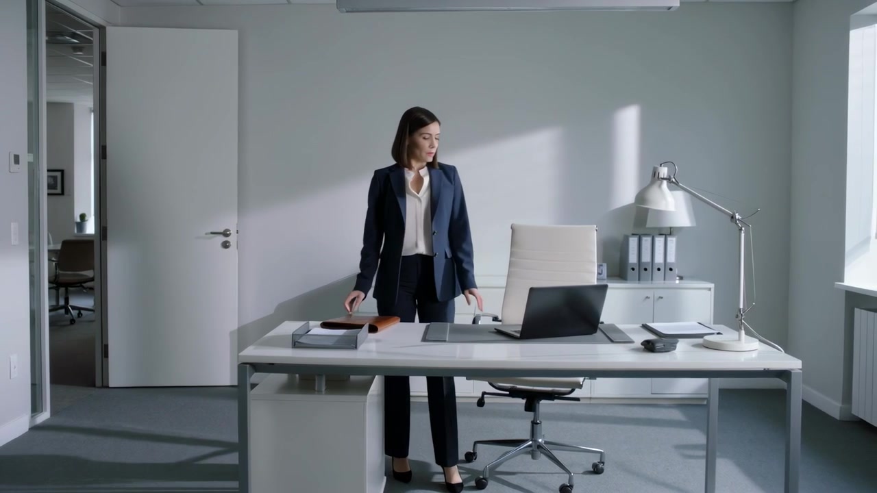 Donna in blazer che entra e posa la ventiquattrore sulla scrivania dopo l'apertura della porta, preparandosi a lavorare.
