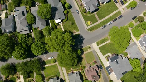 vista aérea de arriba hacia abajo de las casas en un barrio suburbano rodeado de árboles verdes