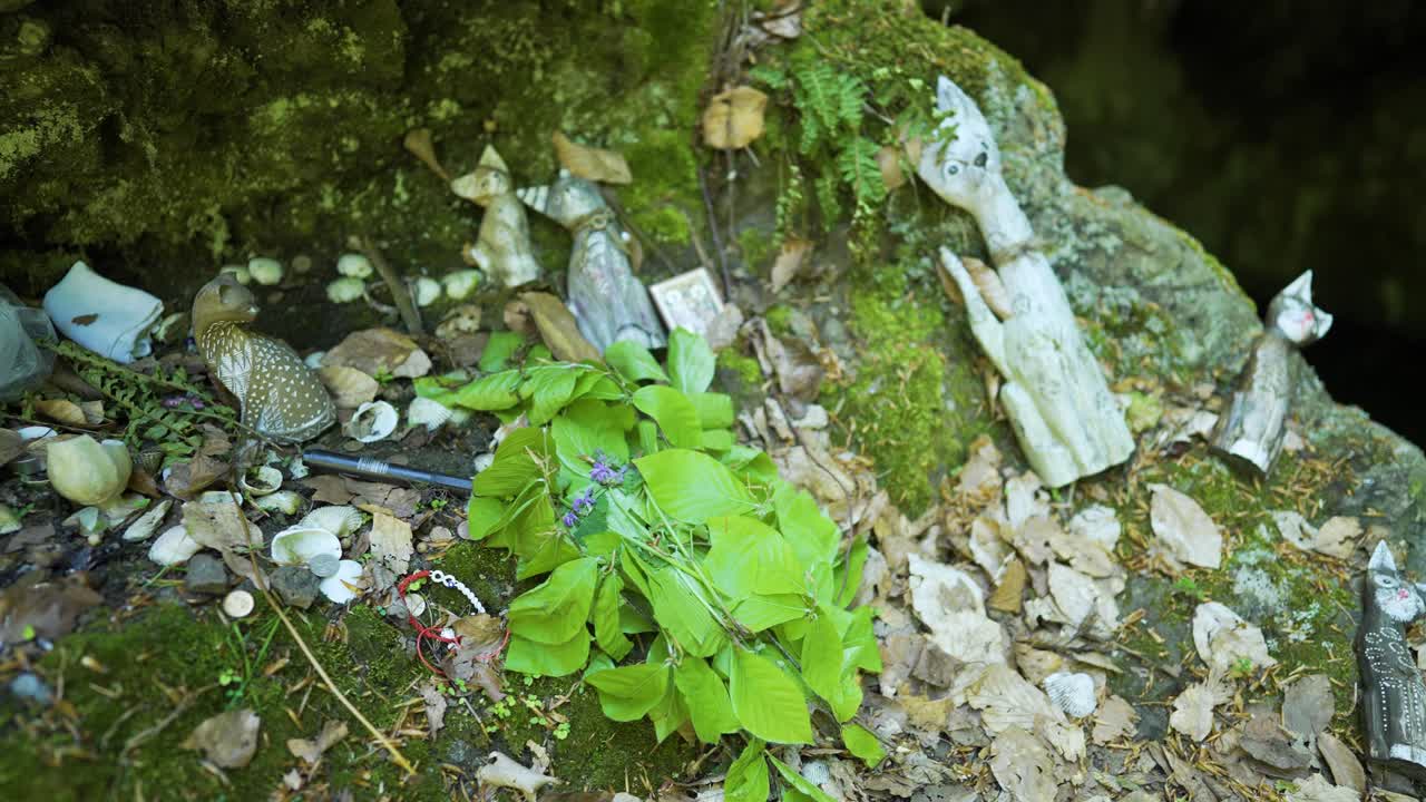 panning frente a un altar de roca natural en la entrada de una cueva conocida como la ubicación de la tumba de la diosa egipcia bastet en el bosque de la montaña strandzha en bulgaria.