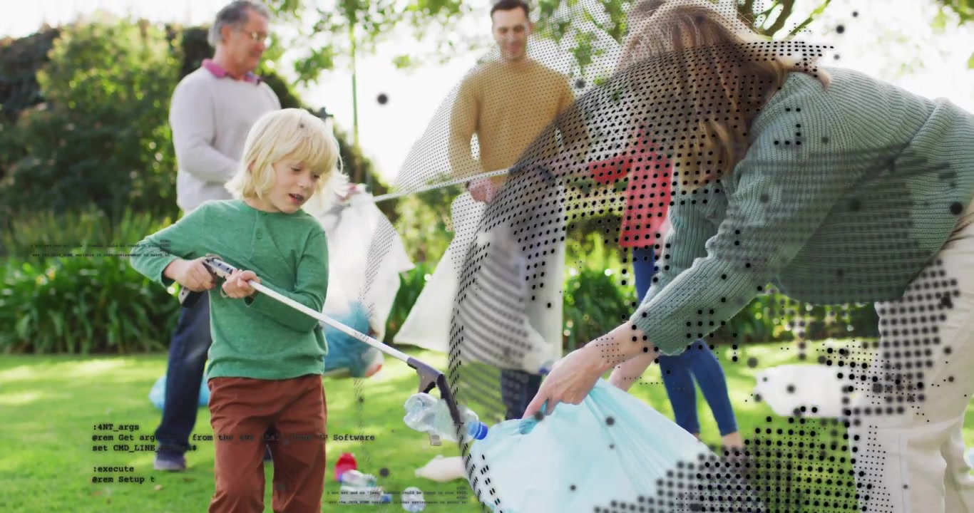Boy spotting bottle and using grabber tool family doing eco cleanup with recycling icons rising