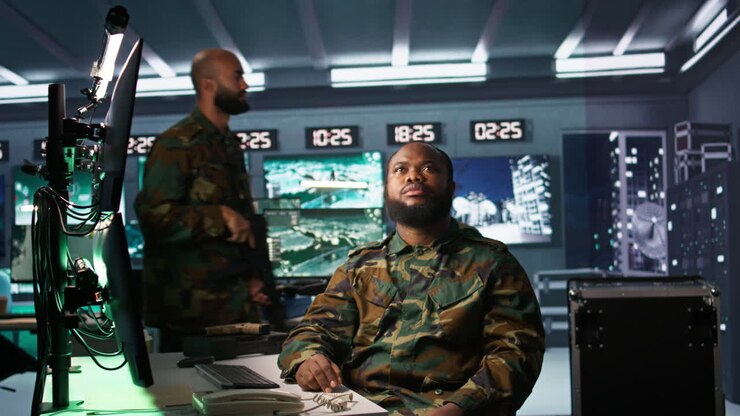 Ufficiale militare che usa la tecnologia di rilevamento della realtà aumentata per ottenere informazioni