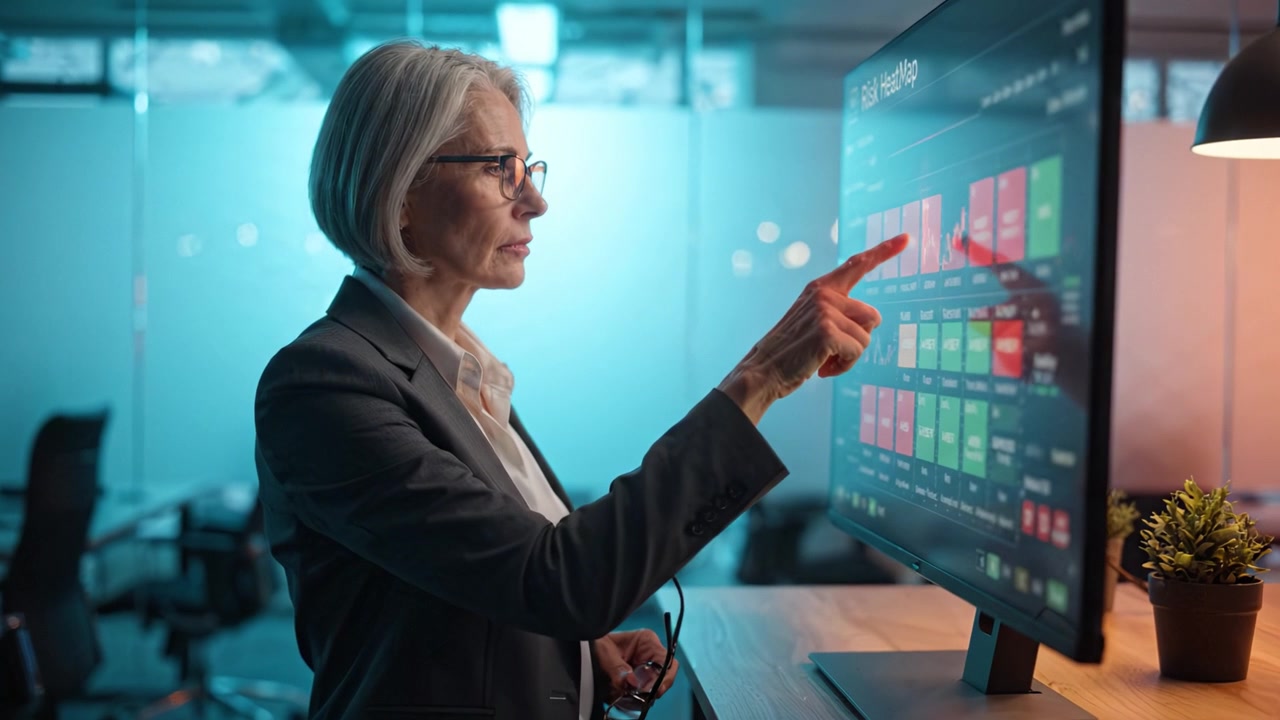 Donna d'affari concentrata che analizza dati su un monitor moderno in un ambiente d'ufficio contemporaneo, impegnata nel processo decisionale strategico e nella revisione delle prestazioni.