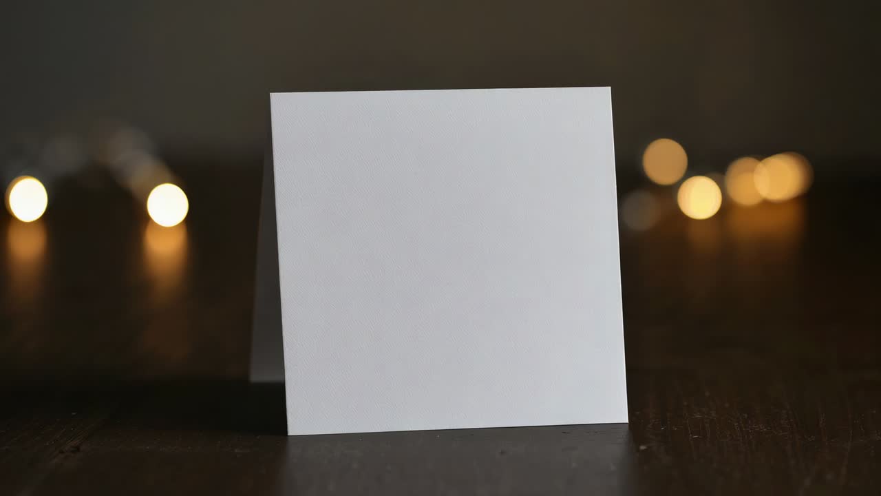 Zoom della fotocamera che causa l'espansione di un biglietto da tavolo quadrato piegato su un tavolo scuro per inquadrare un bokeh caldo