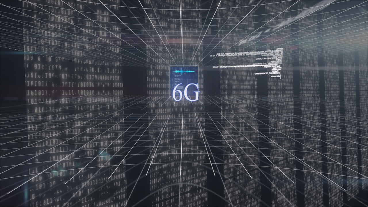animazione di testo 6g e elaborazione dei dati su sfondo nero