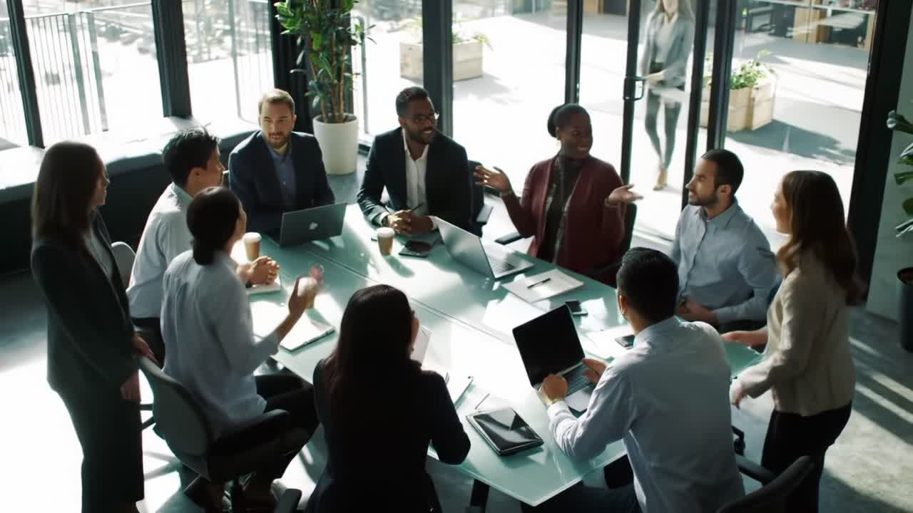 Engaging Business Meeting in a Modern Office Space with Professionals Collaborating and Sharing Ideas Around a Conference Table