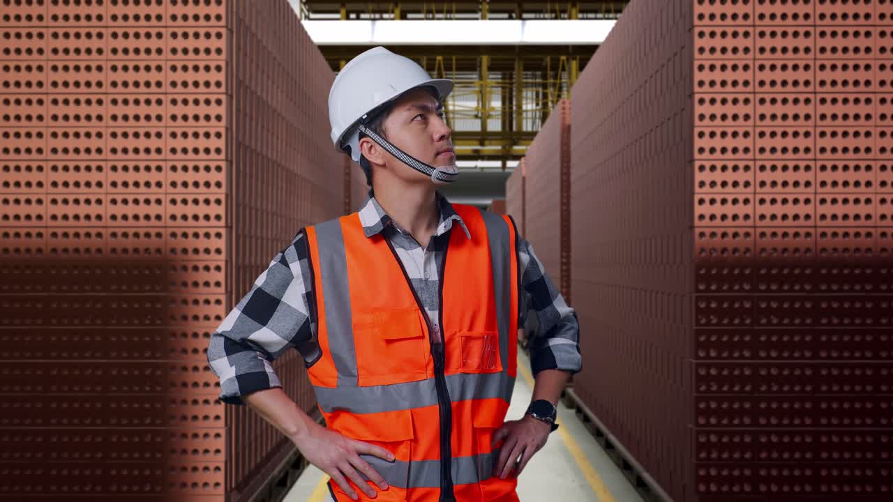 Asian Male Engineer Wearing Safety Helmet Looking Around While Standing With Arms Akimbo With Red Brick Packed in Stacks Are Stored